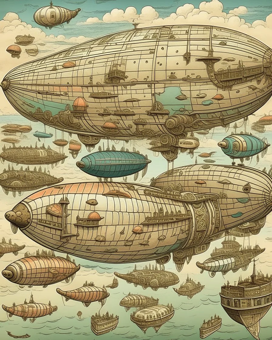 A flesh colored fleet of airships in the sky designed in Matryoshka dolls