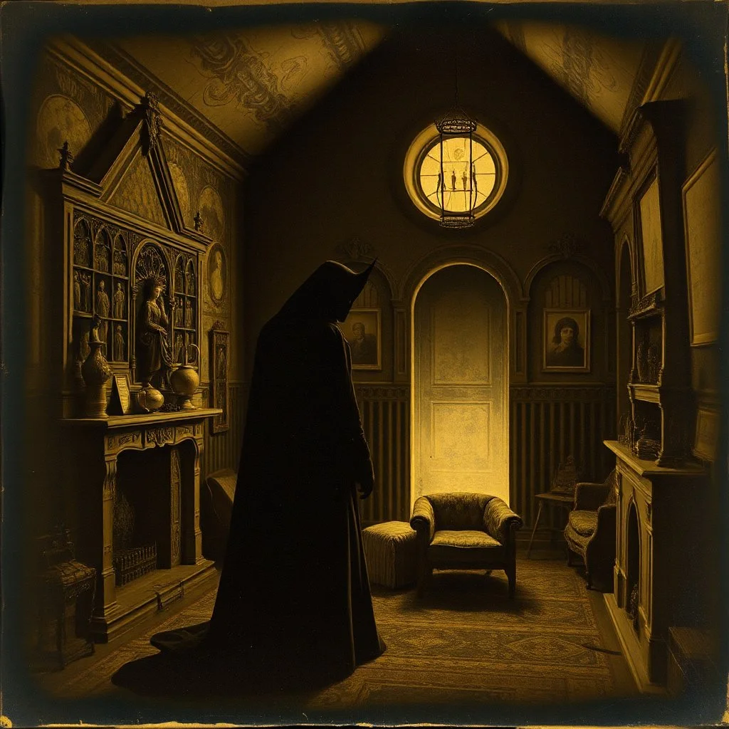 Daguerrotype, mysterious figure, odd background, Hieronymus Bosch, room, Max Ernst, ambient light, by Minicavio Quollati and Marlost Endgulp, exoteric, mystic, Amano, Botticelli, Hieronymus Bosch, Alphonse Mucha