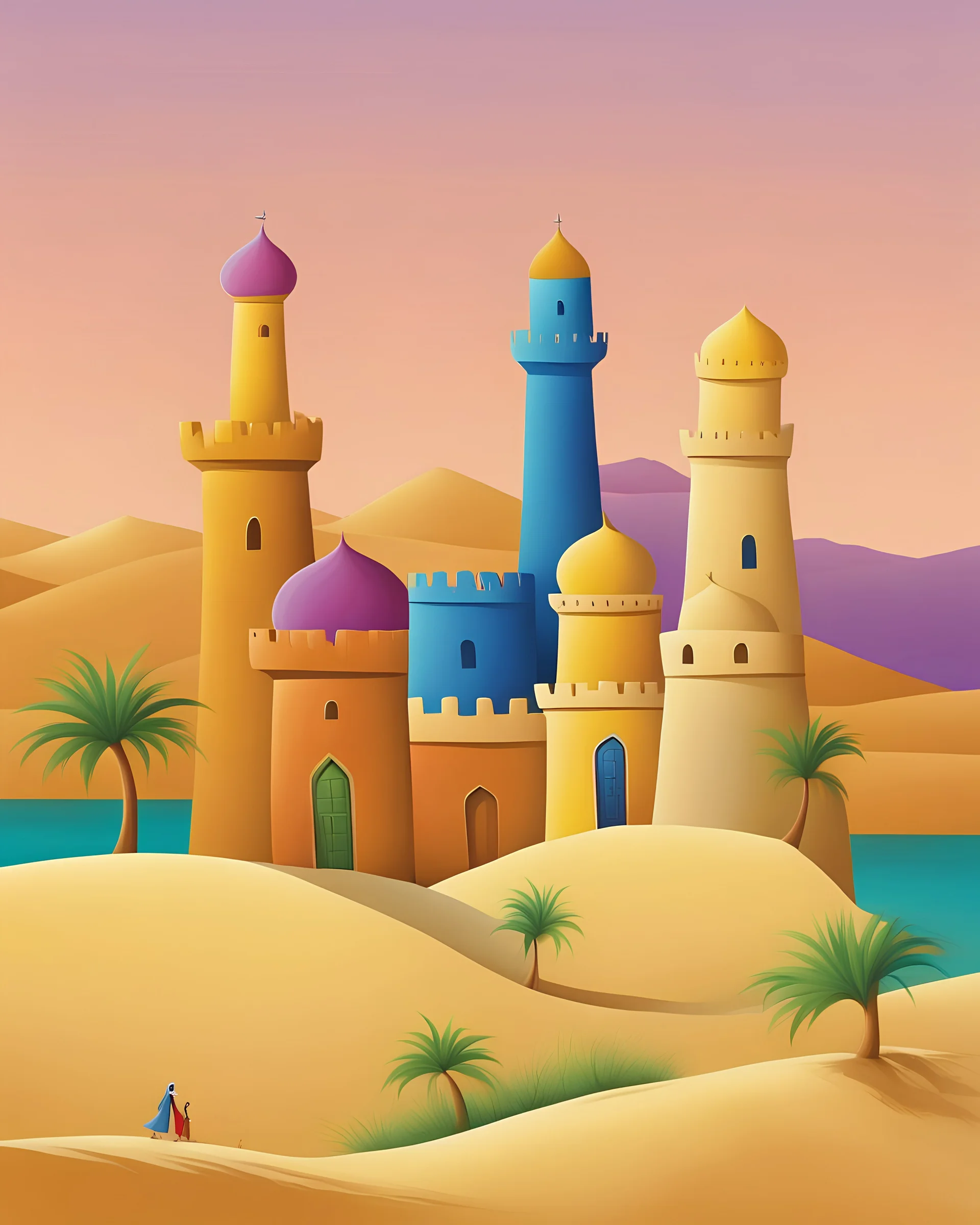 a whimsical multicolor Omani old city old castle in desert dune line, on the horizon, by Iwona Lifsches