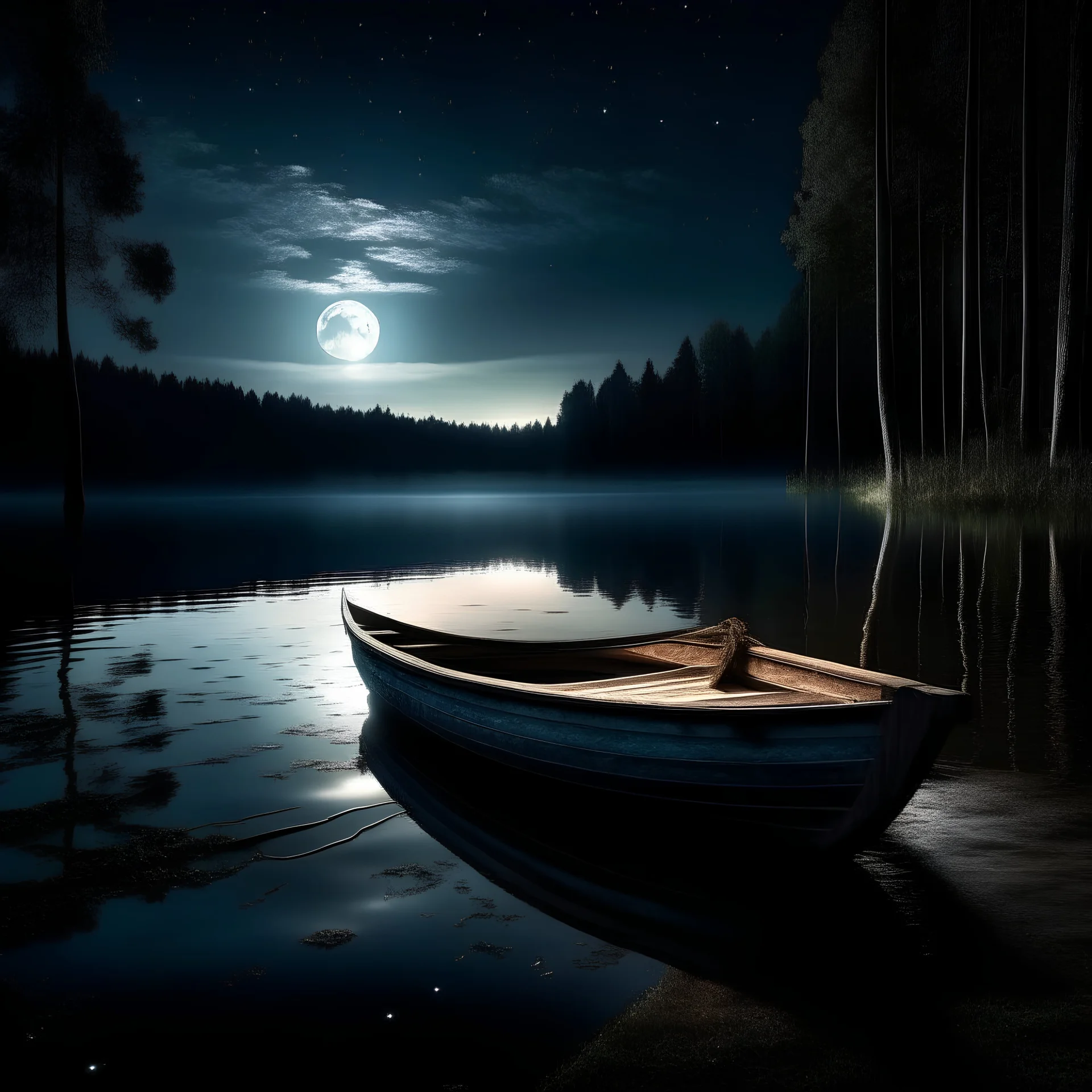 an empty rowboat on a lake between the sun and the moon , night time, forest in background, photo quality