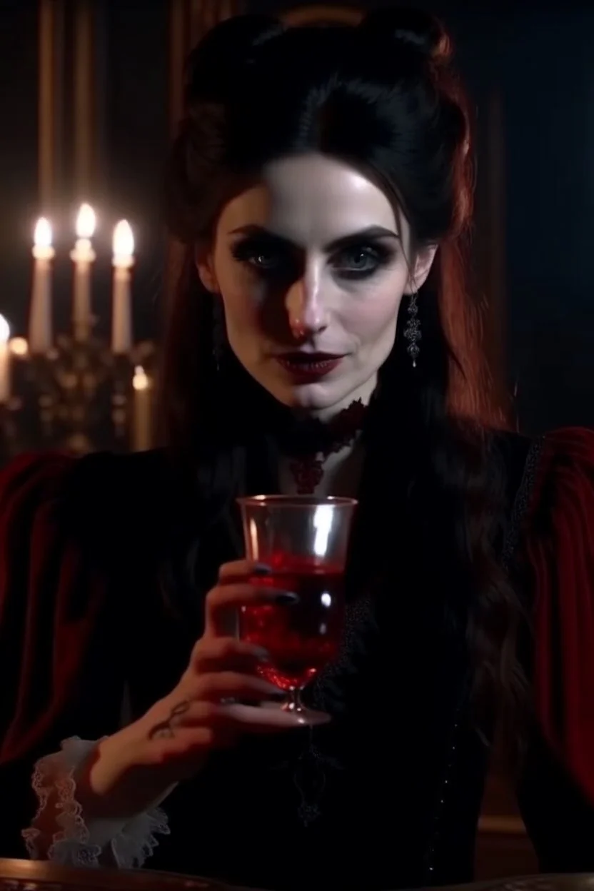 4k full details full lights femme vampire, yeux rouges, tient un verre de vin en main avec du sang, style victorien