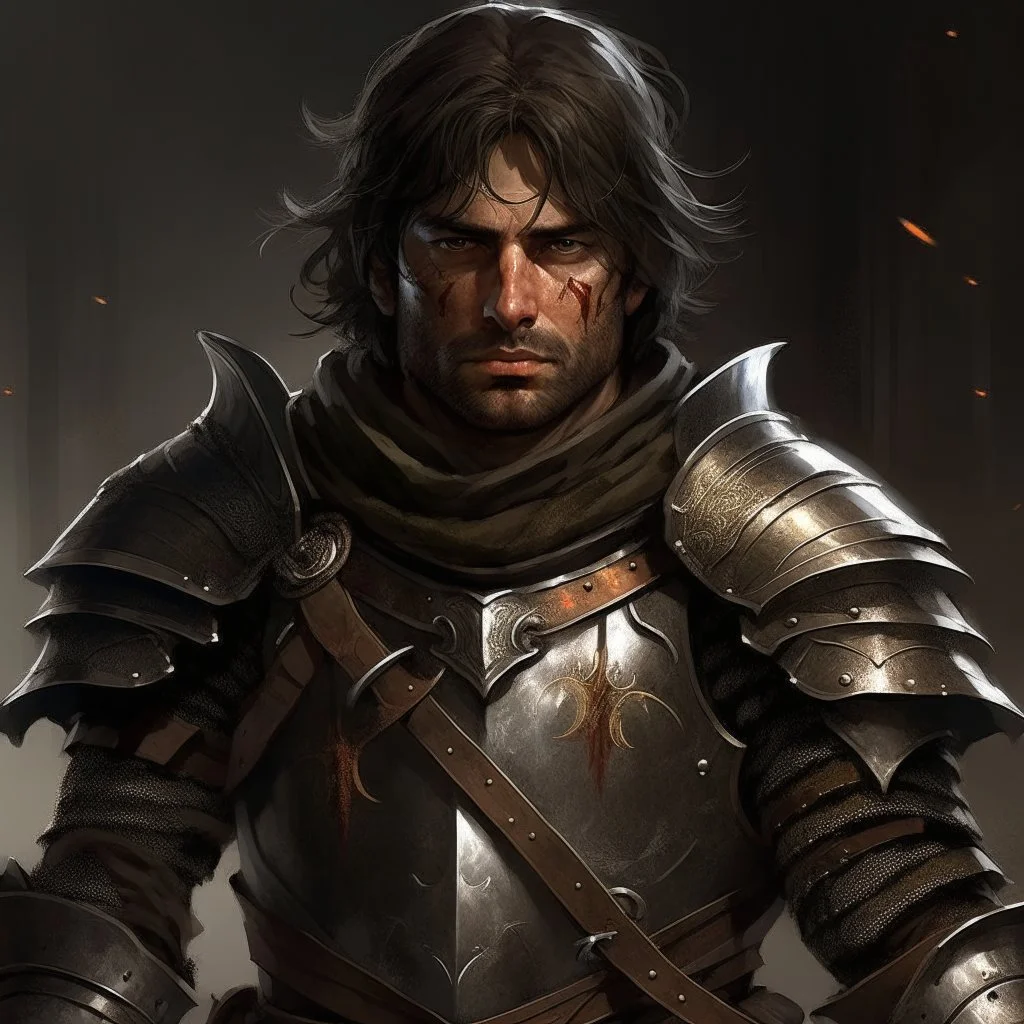 a rugged and determined knight with scars of battle etched across his weathered face, stands tall amidst the chaos of a medieval world. With dark brown hair falling to his shoulders and hazel eyes reflecting both determination and compassion, he is a master swordsman on a quest for vengeance and justice. Dressed in practical leather armor and wielding his broadsword with expert proficiency, Cedric's journey is marked by loss, survival, and the pursuit of honor in a world torn apart by conflict.