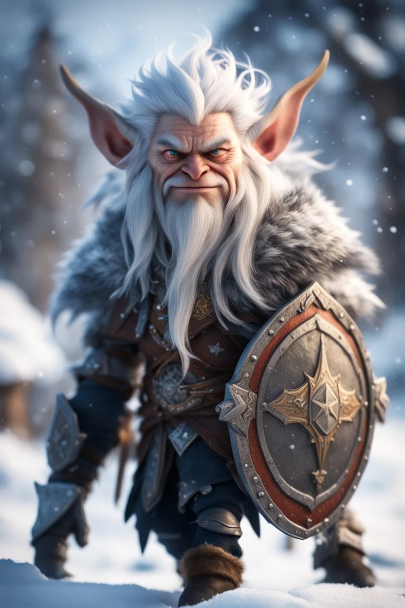 knee deep in snow, epic hero elven gremlin norseman with wild hair, short ears, and big holy ornamented shield Under stjerners gnist Vi går som ett, vår tro et løfte ,bokeh like f/0.8, tilt-shift lens 8k, high detail, smooth render, down-light, unreal engine, prize winning