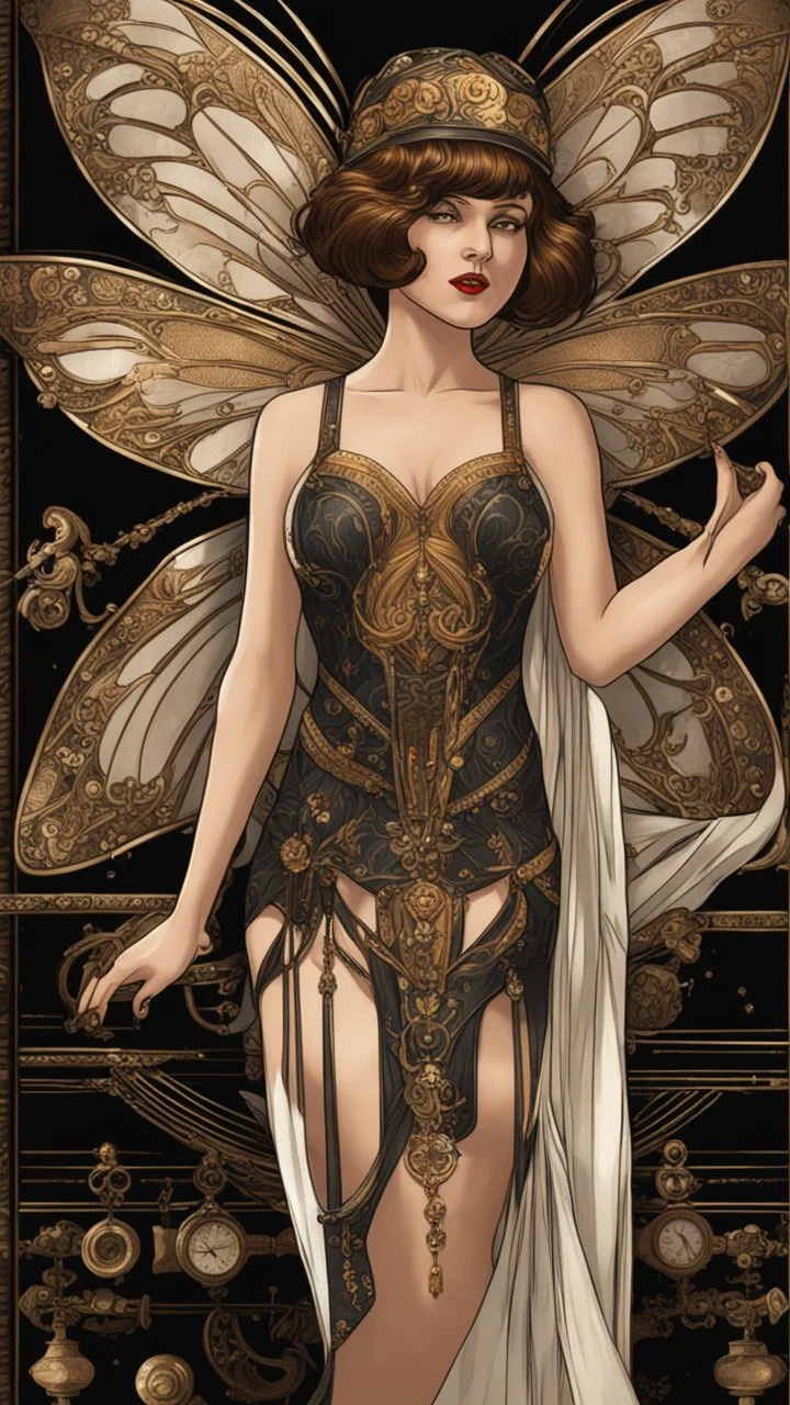 Full Body, Art Nouveau Woman With A Bob With A Fringe Hairstyle, 1920s Clothing, Steampunk Metal Moth wings, Black Background