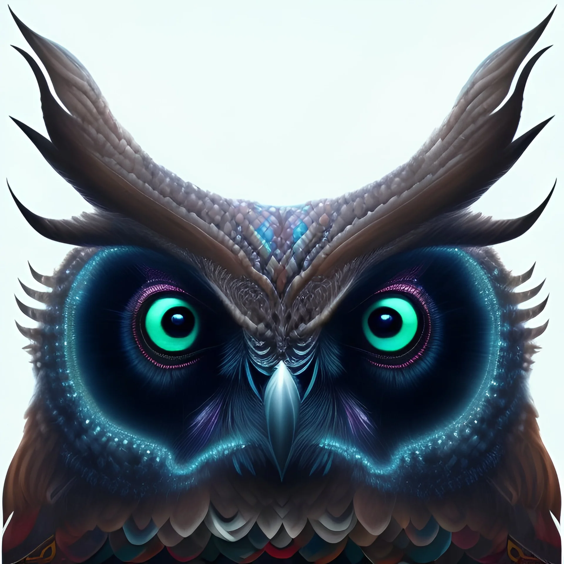 colorizer, dark-black canvas background, animalistic, chromatic, portrait of magical owl creature, mythical, fantasy, fractals, magnificent, majestic, highly intricate, realistic photography, incredibly detailed, small minutiae, perfect eyes, tiny features, dense feathers, particulars, 64k, complex renderman gofur render, creature hybrid, plants, flowers, ultra-hires photo, hdr lighting, backlight