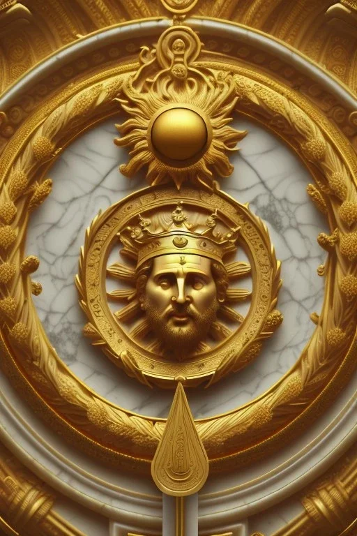 Ultra Realistic image, Roman sculpture, white marble material, Lionel Messi, semi profile, gold Laurel leaves wreath, god crown, baroque ornaments, one gold star in heart, sun ornament, sun rays background, chisel style, waist up portrait, emperor style, epic, celestial, cinematic lighting, God light, god rays, 4k resolution, smooth details, ornate details, soft lighting, unreal engine 5, art station, substance 3d.