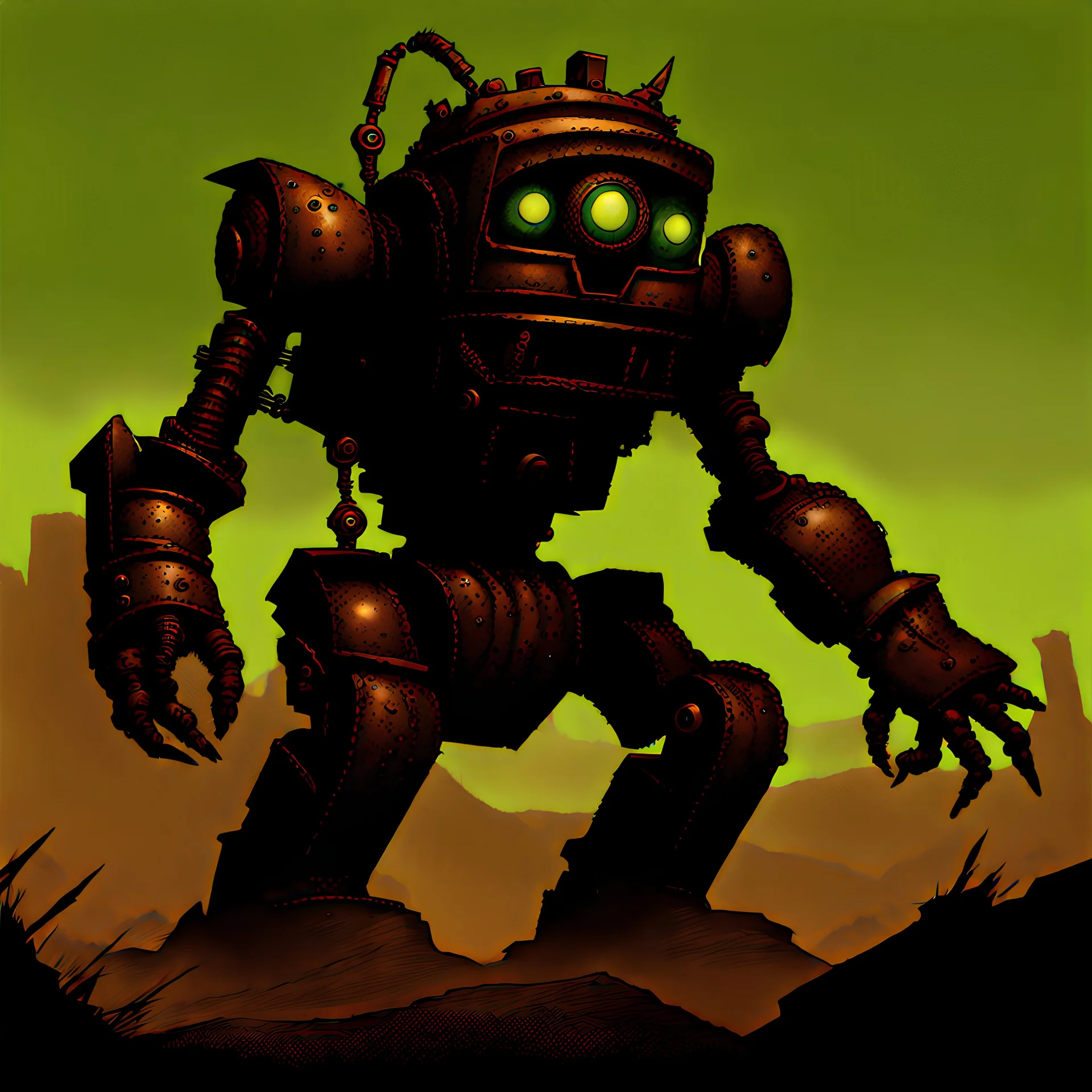 90's TCG art retro fantasy art of scrap robot monster post apocalyptic