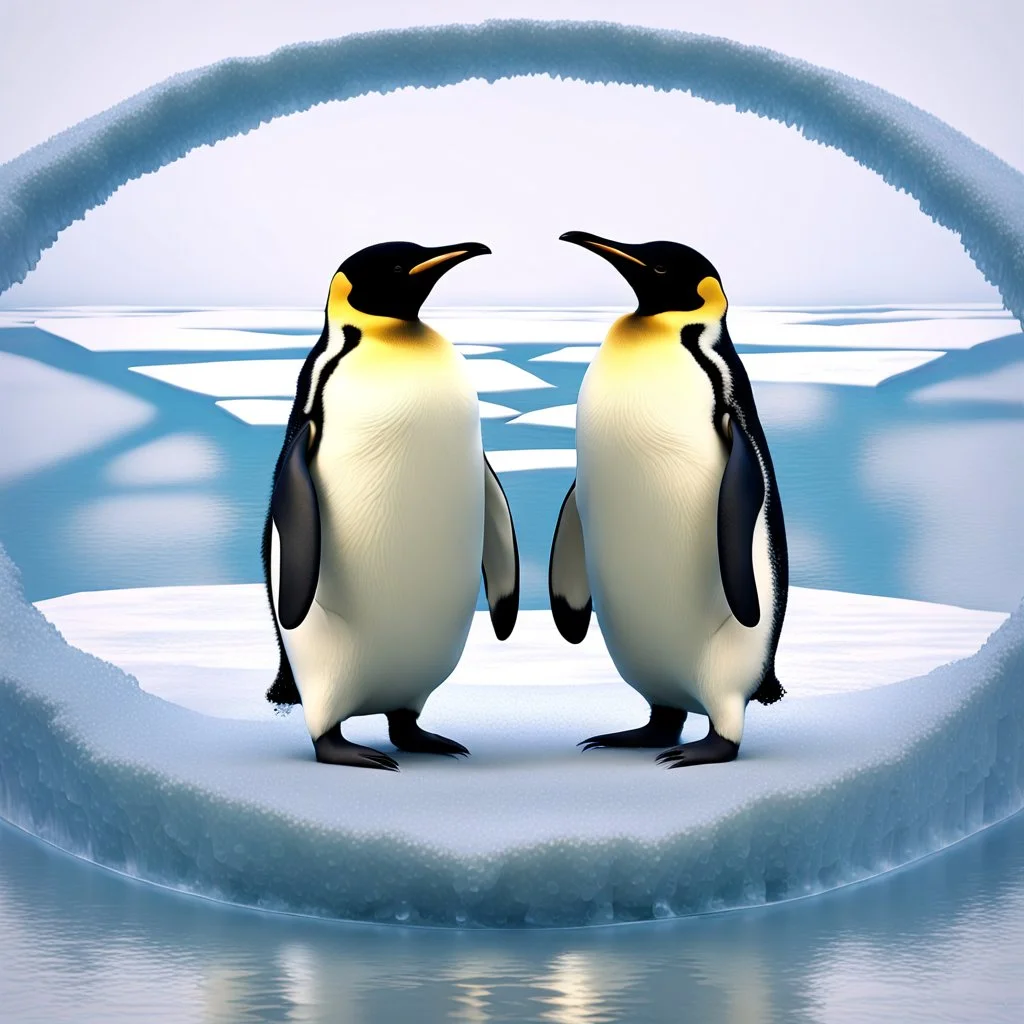 Here is my attempt to generate an image based on your detailed prompt: An expansive, cinematic 24K image of two emperor penguins wearing large black headphones and dancing joyfully on a floating circular ice platform in choppy, stormy Antarctic waters. The penguins are shown mid-step, wings outstretched, heads bobbing to the beat. Jagged shards of blue ice jut out dangerously from the dark waves crashing against the icy stage. In the background, the sky is filled with moody shades of scarlet an