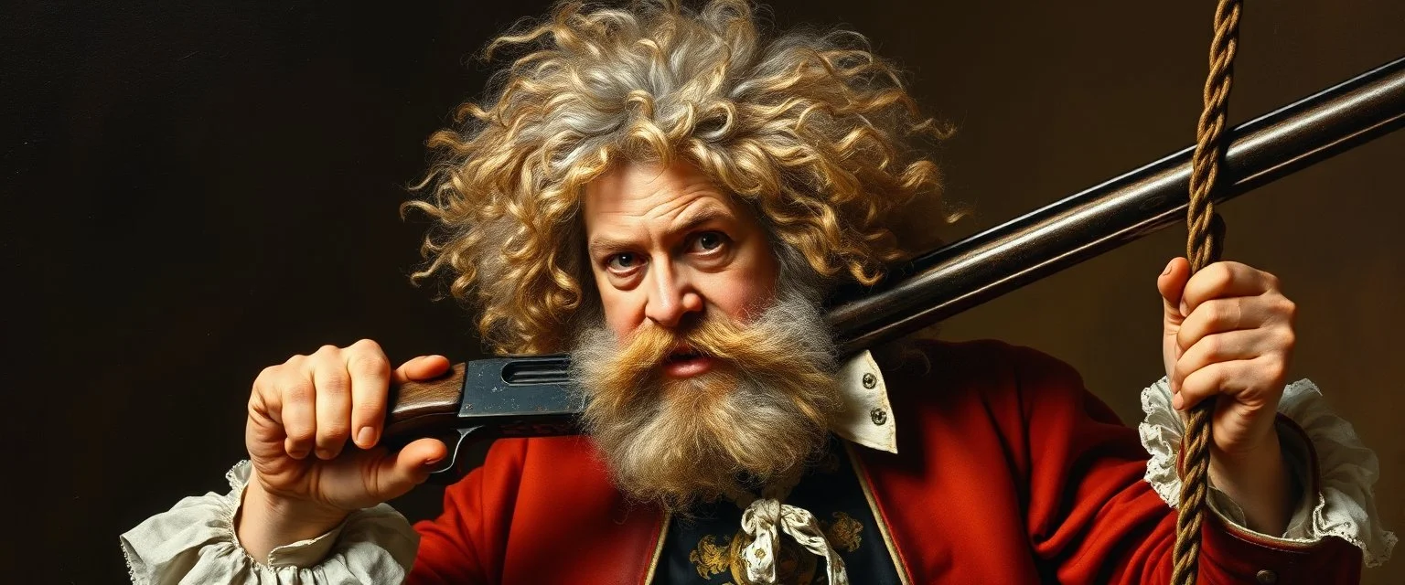 master oil painting by Rembrandt, shotgun mozart with wig, looking mean and crazy in a swing