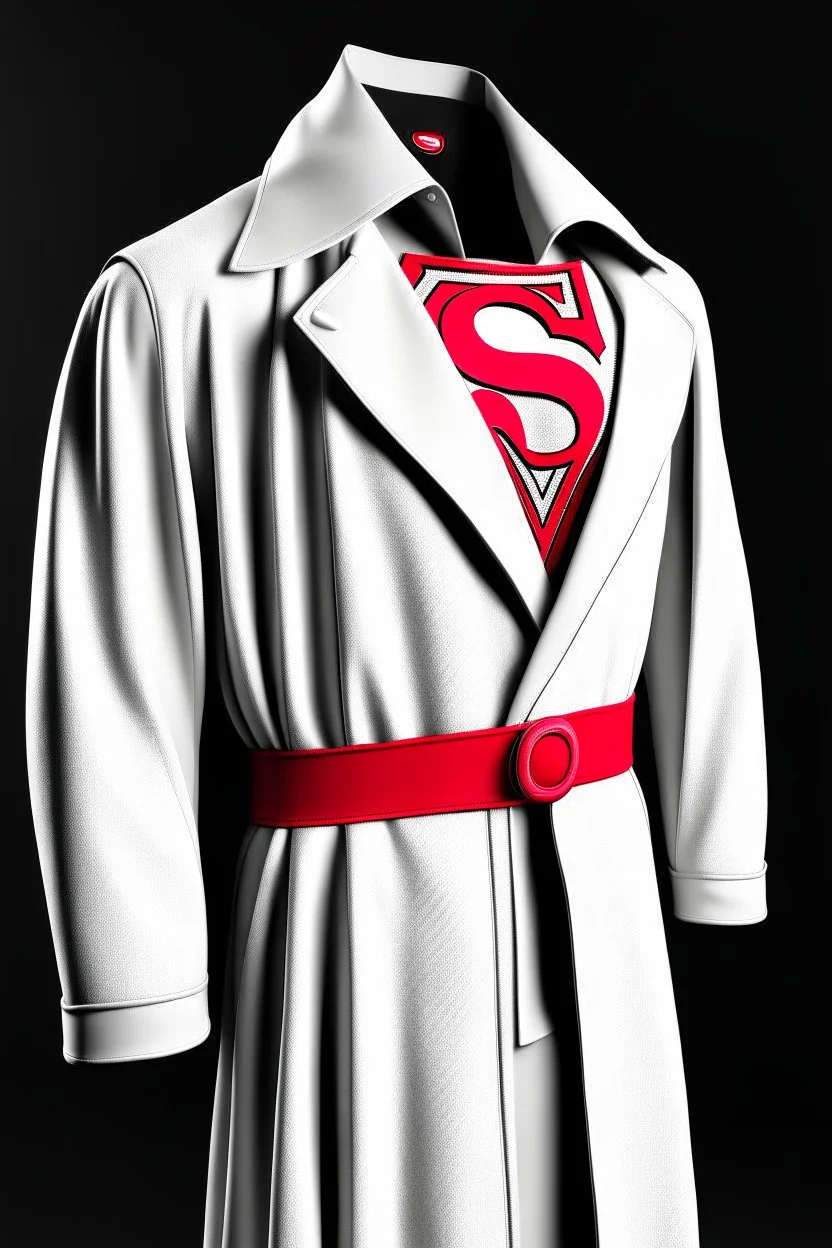 Men's Superman's Gucci Winter Trenchcoat elegant inspired by Superman's Big emblem design white tones with dual color on a white background, product catalog photography, soft spot lighting, depth of field, 4k –ar 3:5 –q 2