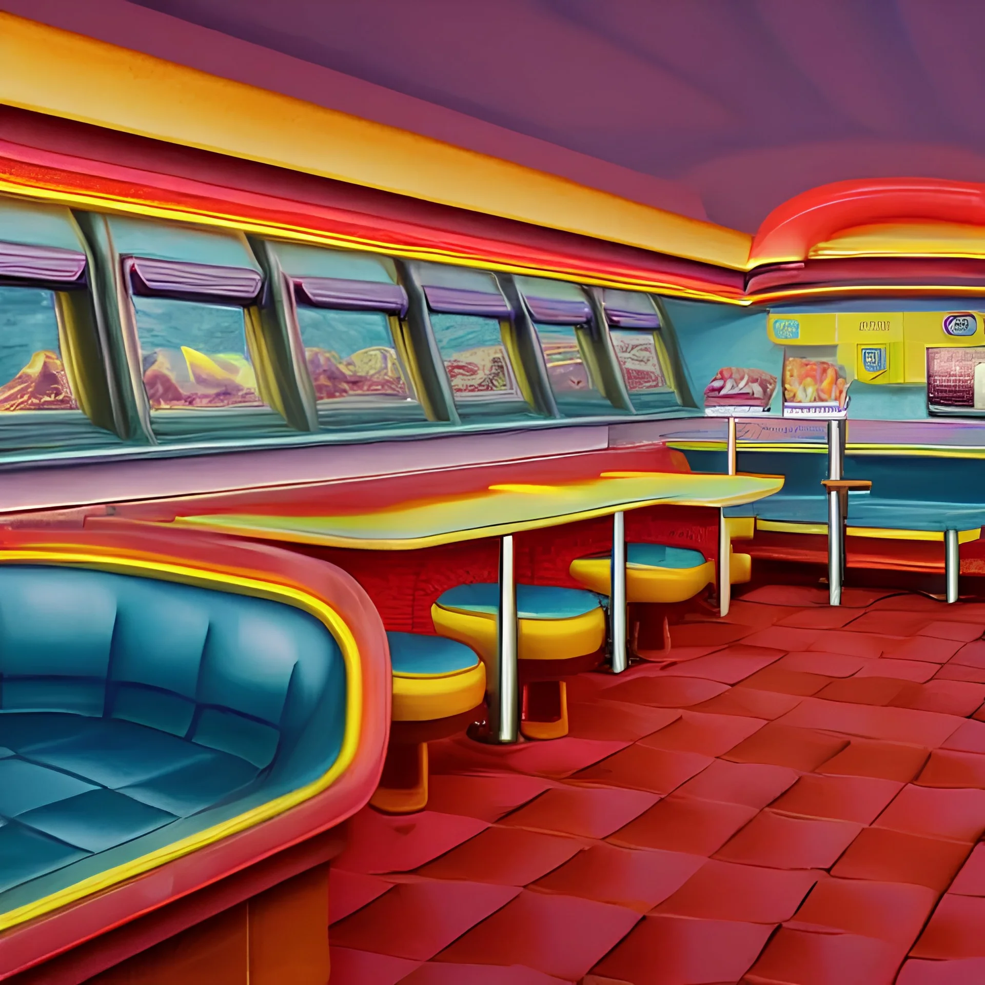 1980's diner "detailed matte painting, deep color, fantastical, intricate detail, splash screen, complementary colors, fantasy concept art, 8k resolution trending on Artstation Unreal Engine 5"