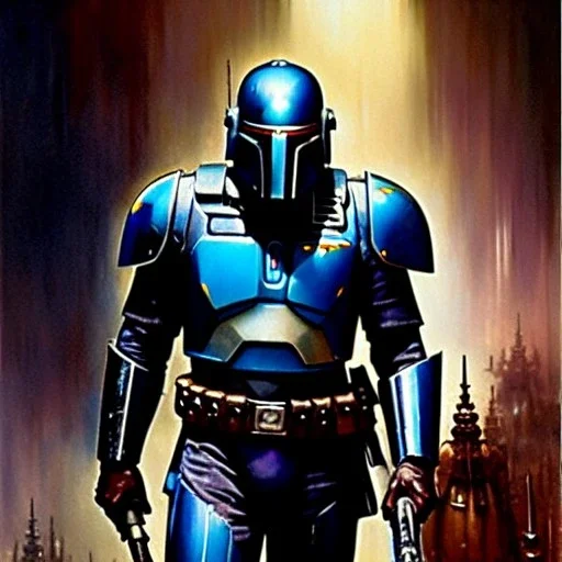 Jango Fett helmet, ancient metal helmet ,painting by gaston bussiere, greg rutkowski, yoji shinkawa, yoshitaka amano, tsutomu nihei, donato giancola, tim hildebrandt, oil on canvas, cinematic composition, extreme detail,fit full head inside picture, smooth colors