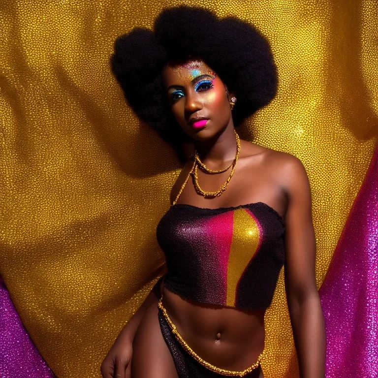 full body shot, masterpiece, best quality, black skinned, adult woman, golden necklace, sparkling eyes, fluorescent skin, colorful makeup, afro, highly detailed body, afrofuturism, scifi, sun light, 4K, RAW, depth of field, high contrast, realistic details, 24mm