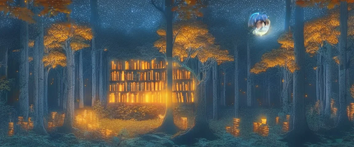 long distance view a library in forest with fireflies and orange mystic lights around trees that have wide leaves and broad trunked. Night with moon light. Realistic