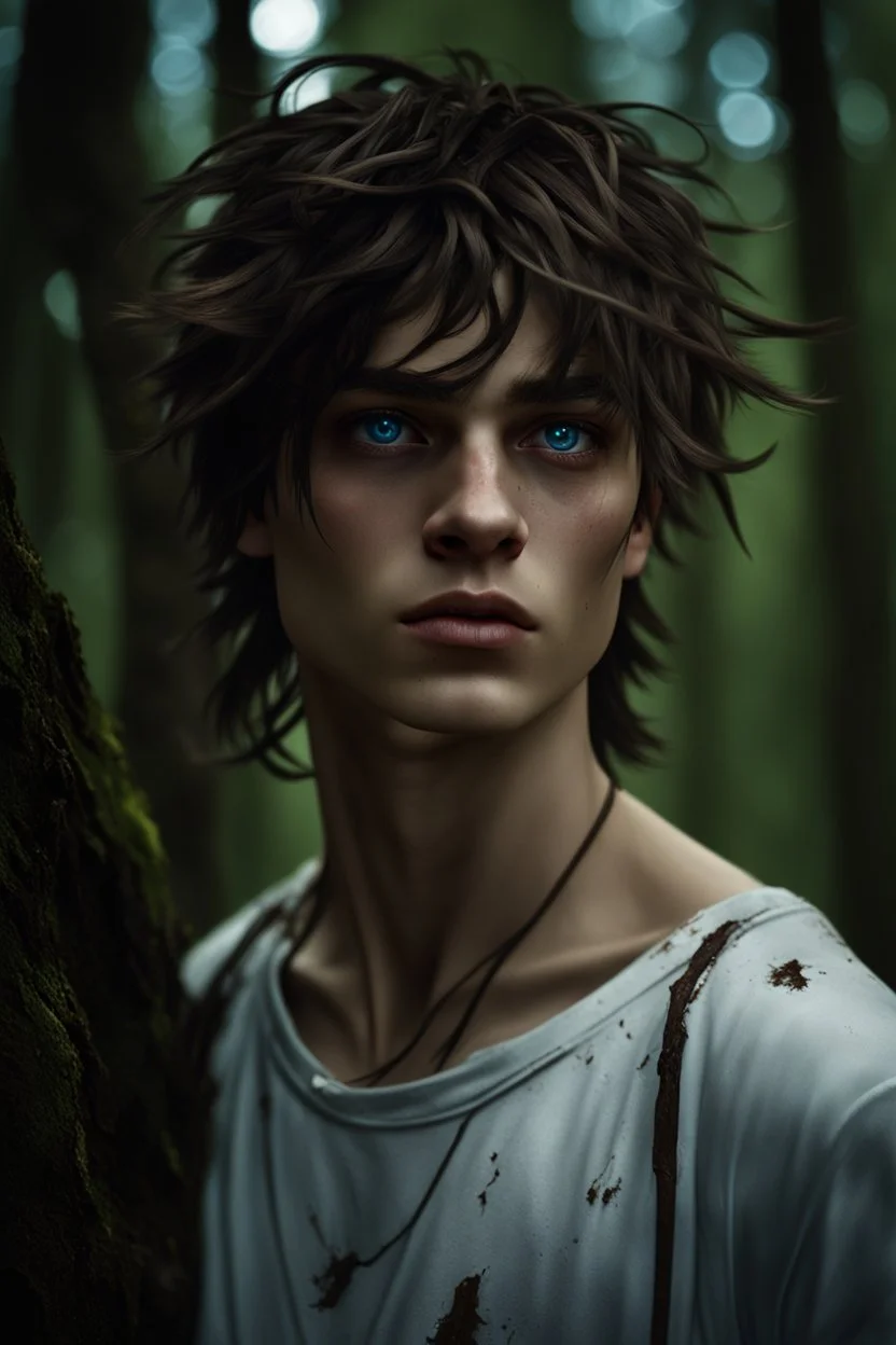 thin 17 year old boy with dark tangled and knotty hair and blue eyes wearing a ripped and dirty white teeshirt, in a forest , photorealistic, 4k, dark fantasy