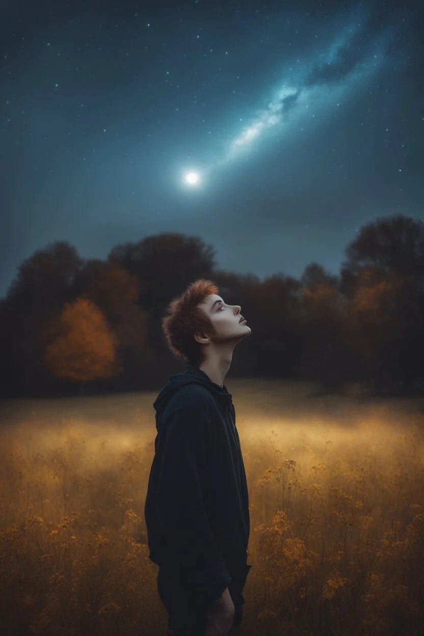 a non-binary person looking up to an ethereal in a pasture at night during fall