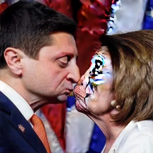 NANCY PELOSI, KISSING Volodymyr Zelensky WITH A BEARD wearing TANKTOP,