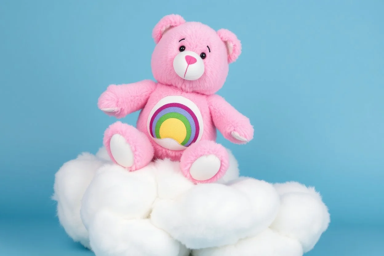 overstuffed white plushie stuffed toy clouds, a vintage pink care-bear(cheer bear) plush with tummy symbol(Rainbow) sitting on top of the cloud, blue background