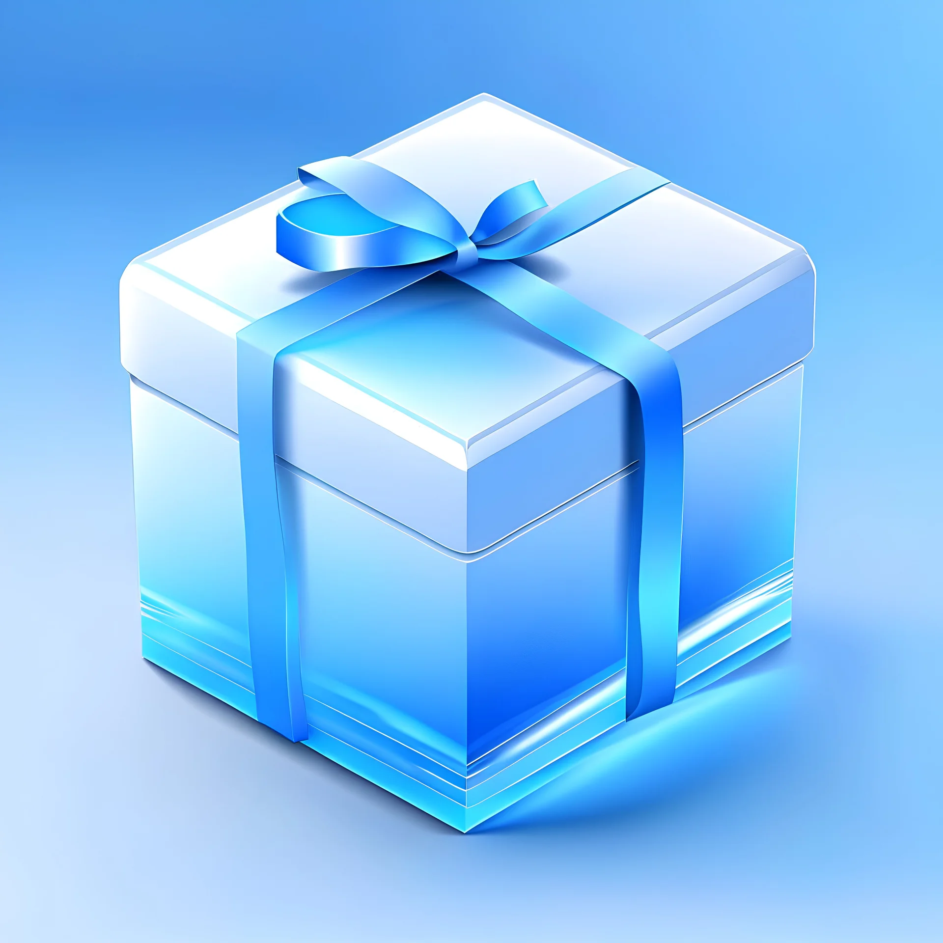 a gift icon, metallic feel, delicate texture, blue and white, gradient, frosted glass, transparent, trending on poly count, light background, soft lighting, transparent technology sense, industrial design, isometric, super details, 3d, high-definition,OC renderer,C4D,3D,concise