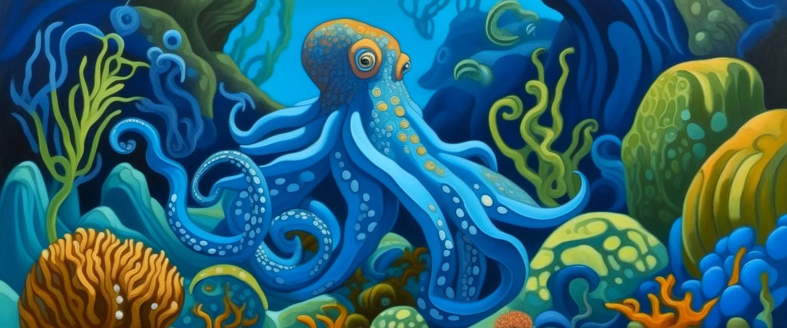 A blue underwater reef with an octopus designed in Scandinavian folk art painted by Thomas Hart Benton