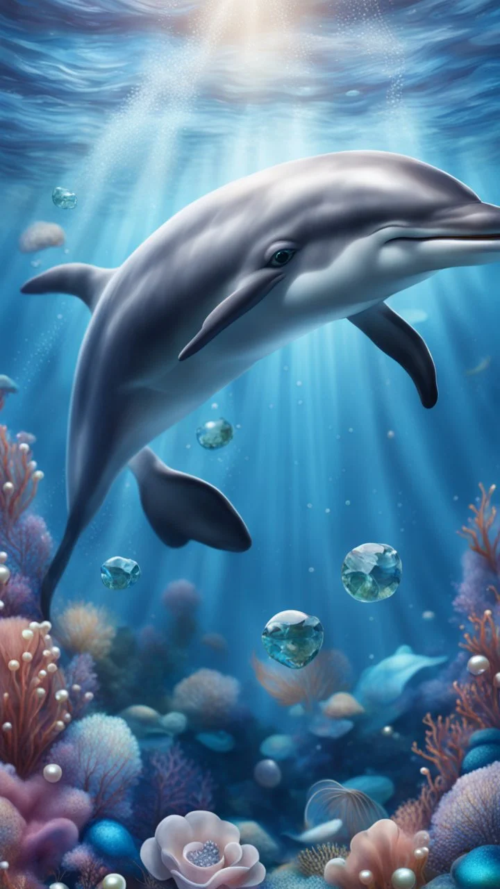 Hyper Realistic Cute Dolphin swimming under the ocean with pearls & crystals under water