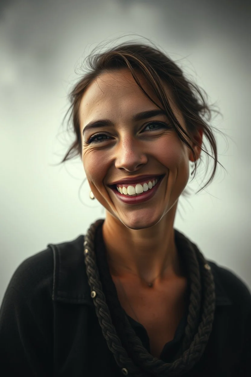 Extremely realistic photo of women smiling ,fog, general foul weather, (Rembrandt Lighting), zeiss lens, ultra realistic, (high detailed skin:1.2), 8k uhd, dslr, Dramatic Rim light, high quality, Fujifilm XT3, artwork in pale distressed tones , minimalistic approach, blends old world aesthetics art with elements of distressed painting and illustration, shadow play, high conceptuality, palette inspired by Charlene Mc Nally, Carne Grif