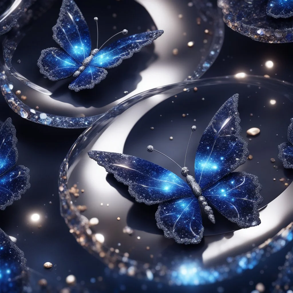 crystal butterfly made of gems made of different shades of blue, dark blue nebula galaxy in background, amibent mood,16k resolution photorealistic, masterpiece, hight contrast, depth of field, breathtaking intricate details, realistic and lifelike cgi, dramatic natural lighting, reflective catchlights, high quality CGI VFX fine art