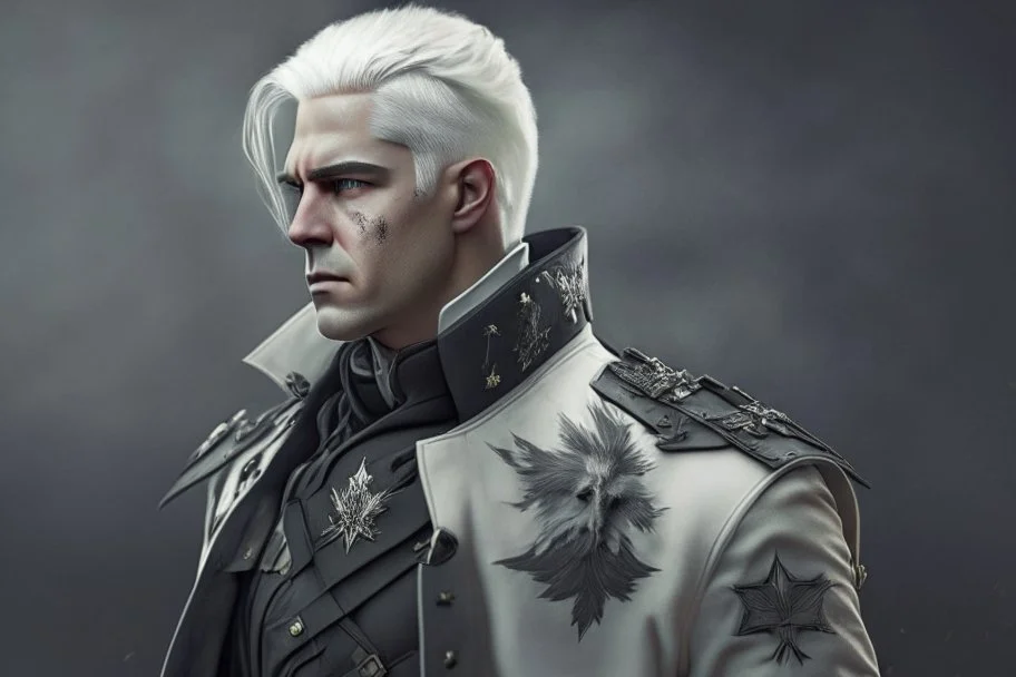 A white masculine human with medium white hair. A Lot of Battle Scars. Full body. Black Military Outfit. HD