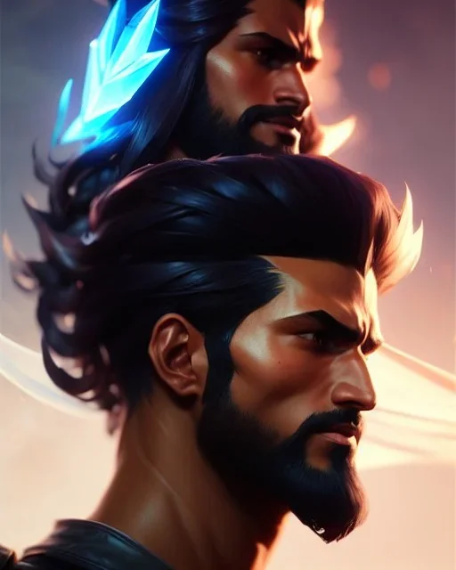 Akshan from League of Legends, Male, full-scale head and shoulders portrait, 8k resolution concept art portrait by Greg Rutkowski, Artgerm, WLOP, Alphonse Mucha dynamic lighting hyperdetailed intricately detailed Splash art trending on Artstation triadic colors Unreal Engine 5 volumetric lighting Splash art fantasy