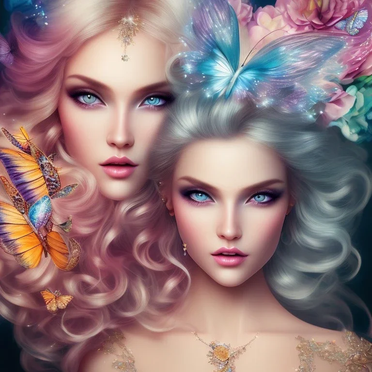 bright fairy, unic beautiful kind portrait, blond hair,blue eyes, flowery luminous pastel colors, butterfly