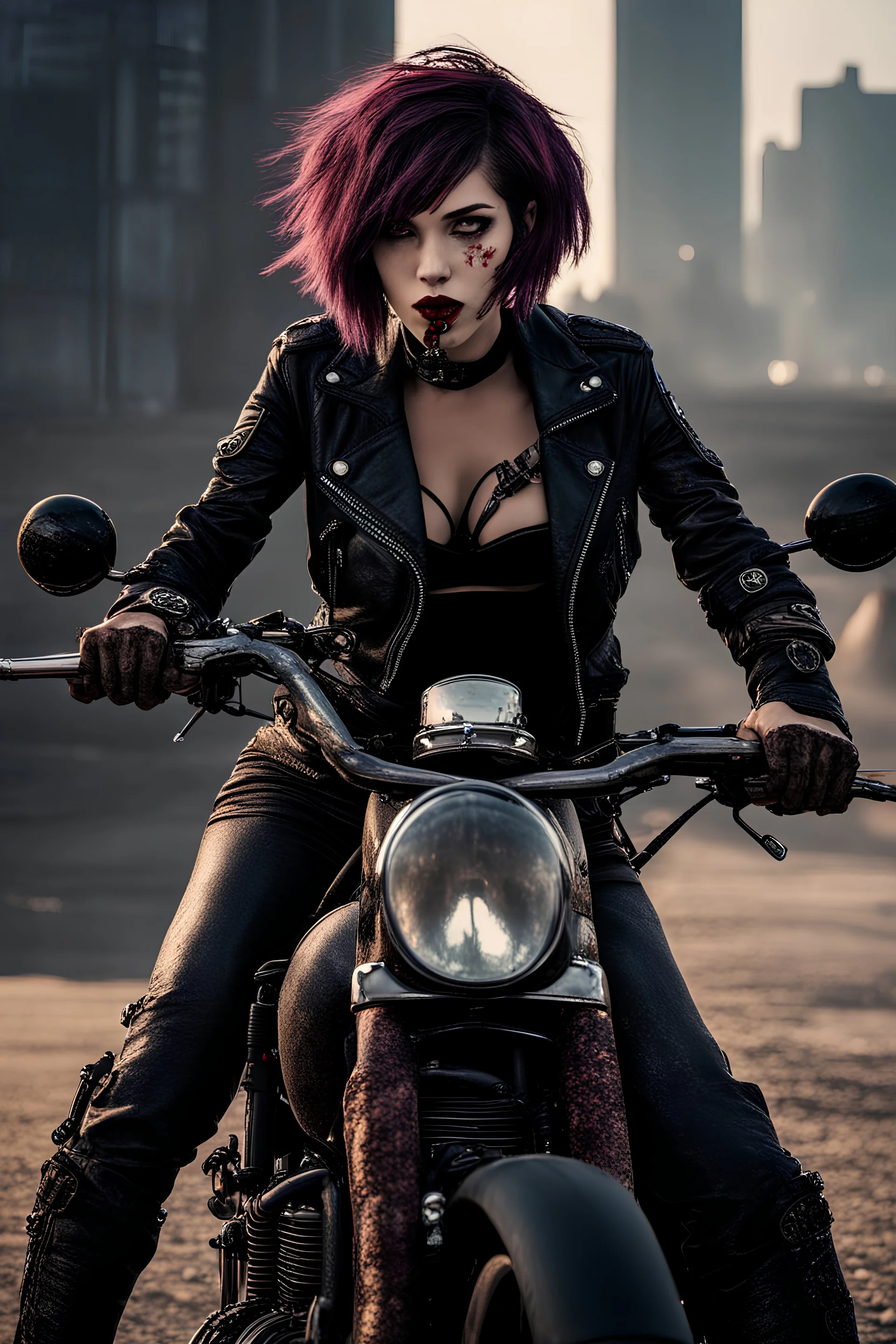 vampire girl showing fangs with short cropped cyberpunk hair riding a cafe racer motorcycle in a post apocalyptic wasteland at dawn