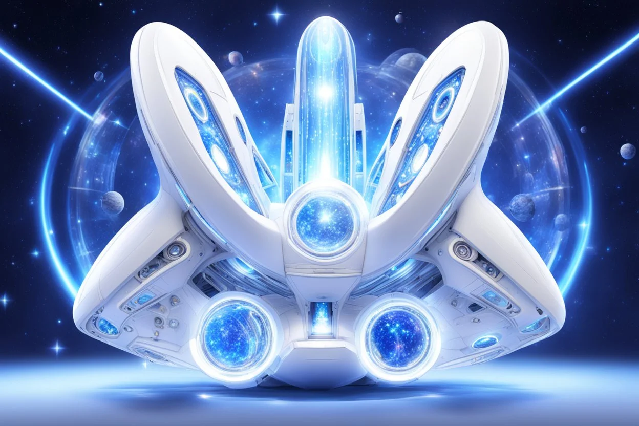 beautiful bright futuristic cosmic flat white spaceship with little crystal jewel windows and to the bottom magic bluebeam, it has a female energy, flying in a brightness cosmic universe with brightness light and stars and extraterrestral planet