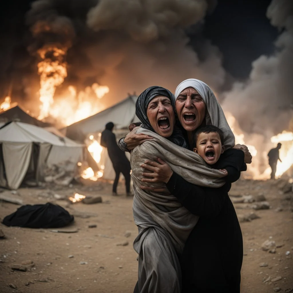 A Palestinian woman wearing the Palestinian dress carries her dead son as she screams and cries at night, with explosions in refugee tents behind her.