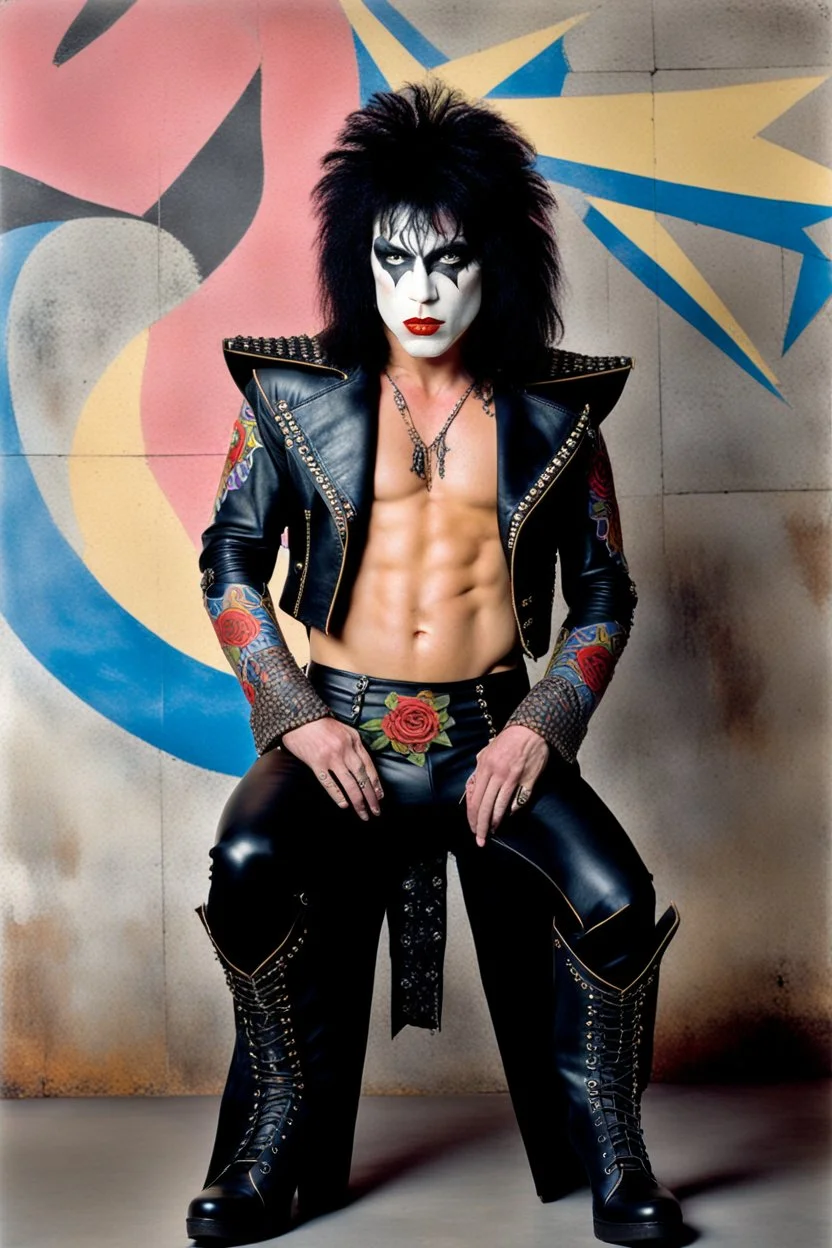 text 'KISS' - head and shoulders portrait, KISS - Paul Stanley, Black star on right eye, Chest and stomach hair, rose tattoo on right shoulder, black spandex and leather, 8-inch high platform boots, - a multicolored cement wall in the background,