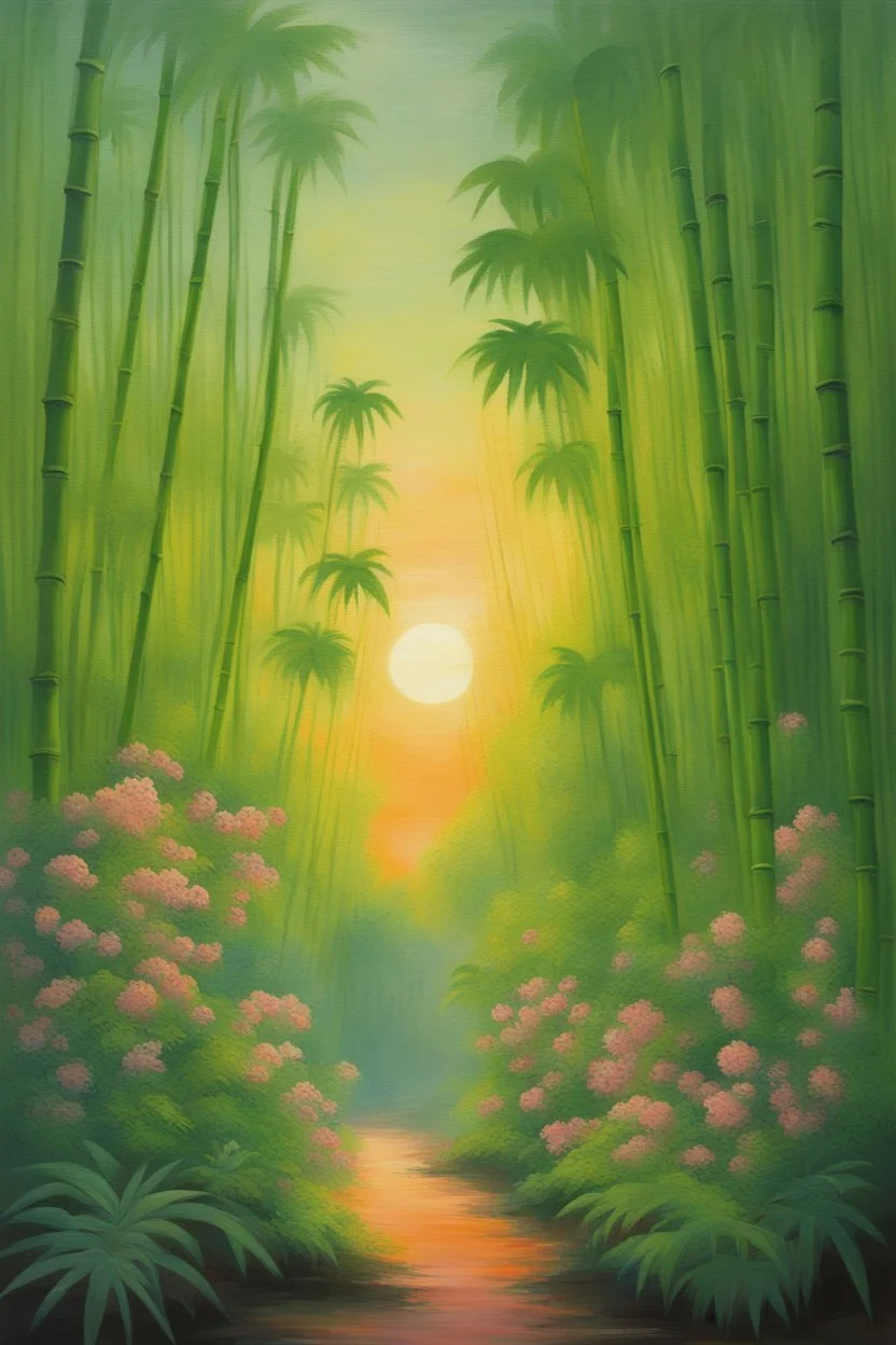 A lime green forest filled with flowers and bamboo trees in sunset , painted by Busch painting style ,
