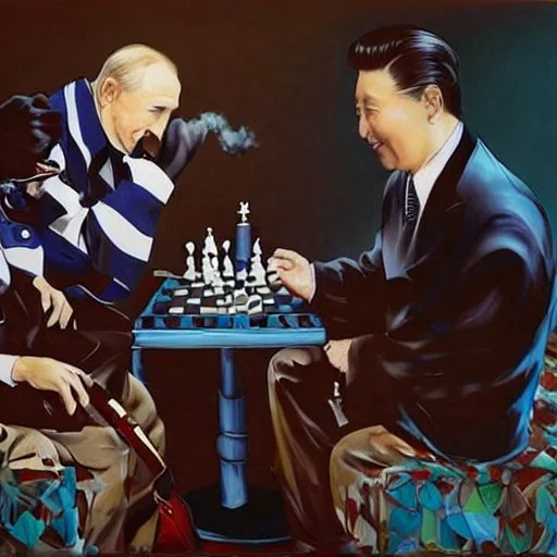 Putin, President Xi Of China And Joe Biden Play Chess between lights and shadow With A Pigeon,And Atomic Bomb Mushroom Cloud,Complex Surgical Instruments Intermixed With A Newborn Boy,Minimalism,Painting By Adrian Ghenie,Rene Magritte,Pablo Picasso,Michelangelo,Salvador Dali,Lucian Freud