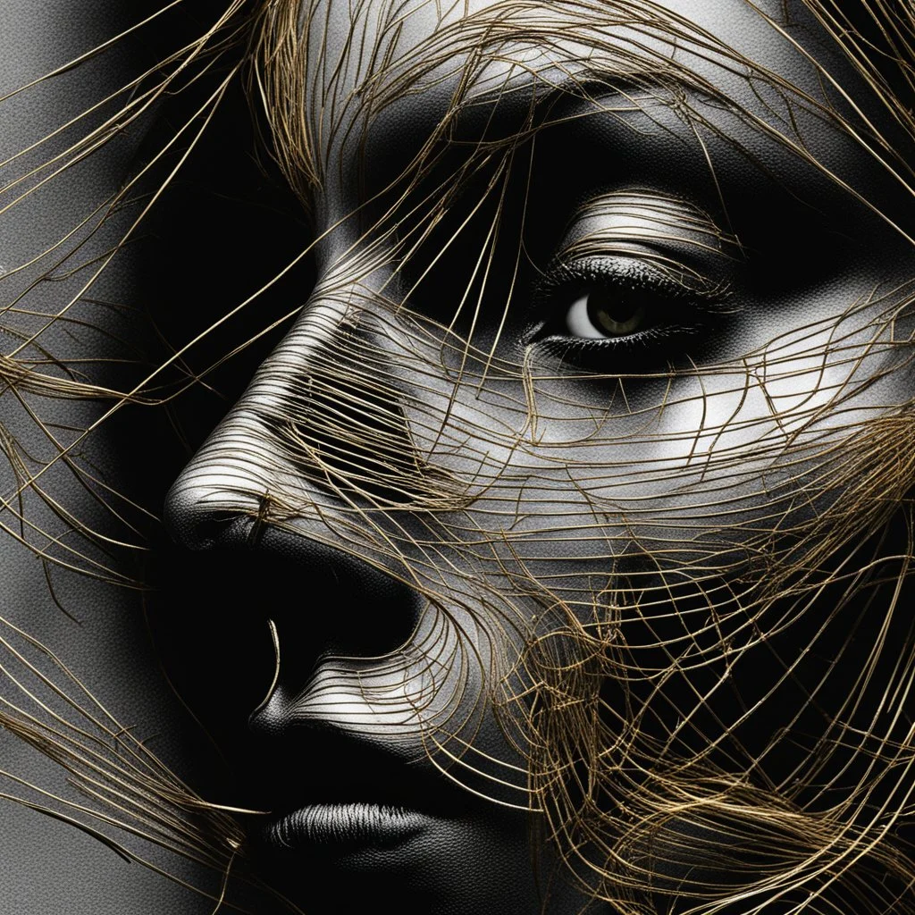 Woman face made of golden metal wires