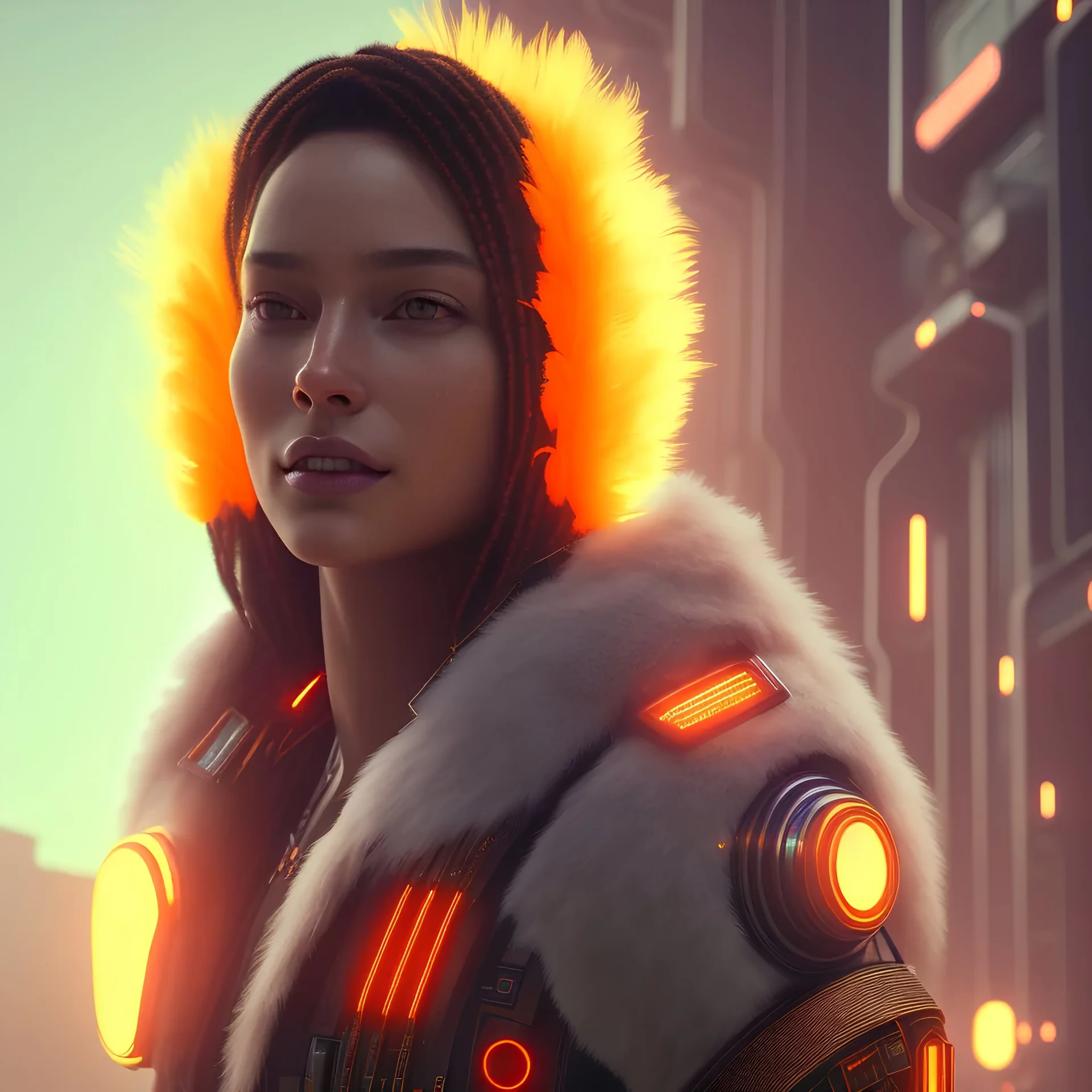 A beautiful portrait of a cyberpunk wonam smiling facing camera orange color scheme, high key lighting, volumetric light high details with white stripes and feathers unreal 5, octane render, cinema4d, dynamic lighting, dramatic lighting, 4k, redshift render, highly detailed, hyper realistic