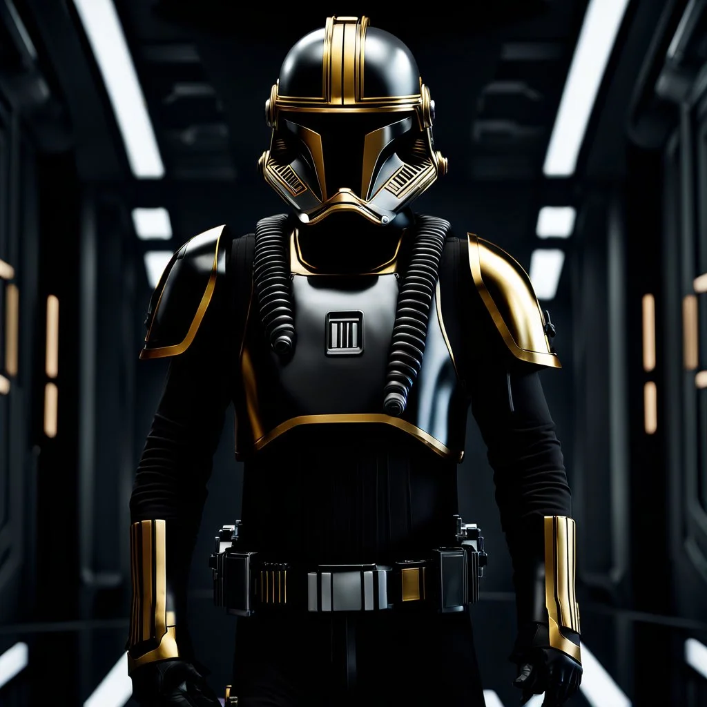 star wars bald male corellian pilot wearing gunmetal grey and black First Order TIE pilot armored special forces flightsuit and helmet with gold trim inside the jedi temple, centered head and shoulders portrait, hyperdetailed, dynamic lighting, hyperdetailed background, 8k resolution, volumetric lighting, light skin, fully symmetric details