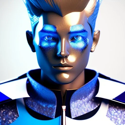 Handsome galactic knight, glitter blue and white prince suit with jewels, blond hair, blue eyes, cinematic lights, unreal engine 5, 4k, high details