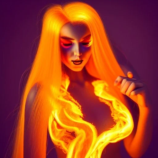 woman made of fire, fire angel, fire clothes, full body portrait, long flowing yellow hair, highly detailed, real life photo, photo quality, extremely detailed, highly detailed, 8K, crisp quality