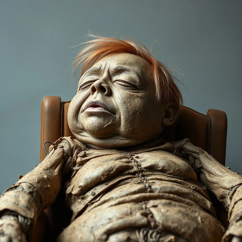 a chubby extremely mummified male corpse, eyes closed, strawberry blonde hair, leaned over in a brown chair