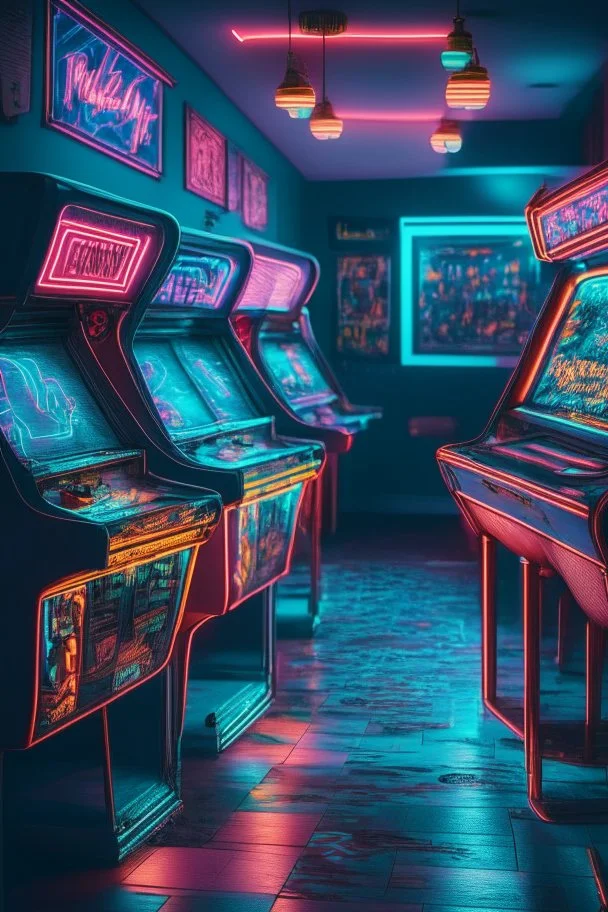 Beautiful pinball machines in a dark room with UV neon lights on the walls. Soft carpets on the floor, drinks in bottles and glasses on small tables