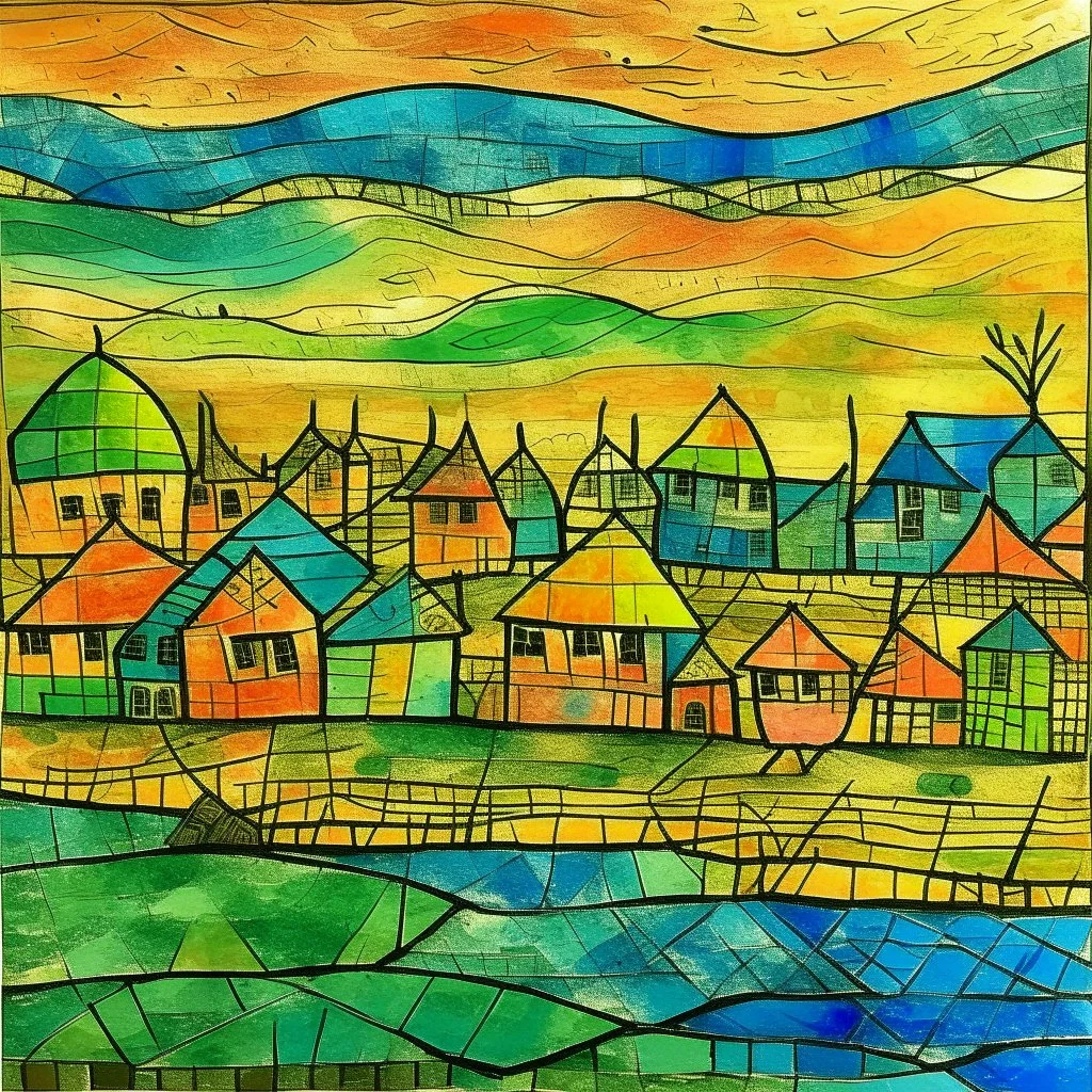 Dutch fishing village In the style of Paul Klee