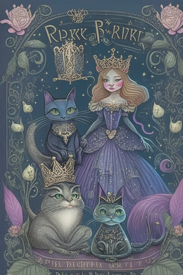 dark fantasy, intricate book cover showing a cat in boots, a frog with a crown and a fairytale princess with a glass slipper, whimsical