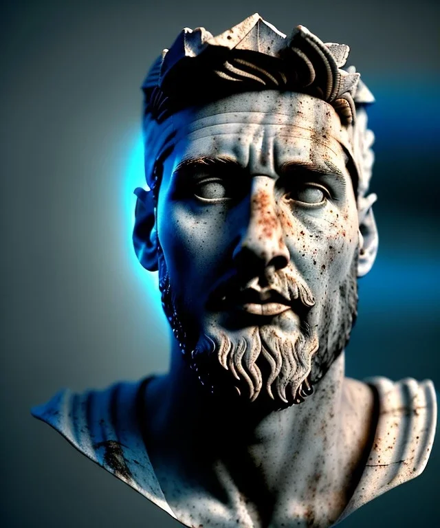 Ultra Realistic image, roman sculpture, marble deluxe material, Lionel Messi, Laurel leaves crown model, miguel angel style, chisel style, wide stripes blue paint, emperador, waist up portrait, cinematic lighting, God light, god rays, 4k resolution, smooth details, ornate details, soft lighting, unreal engine 5, sky background.