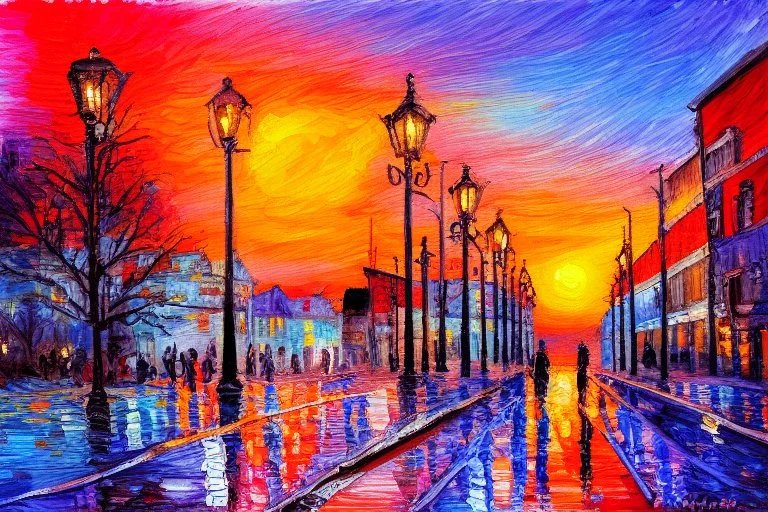 Sunset in the street, impressionism painting