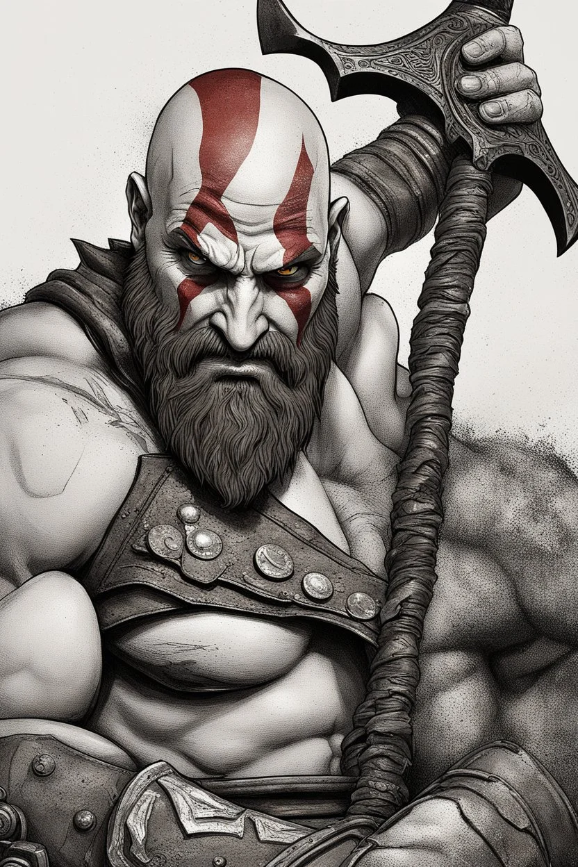 Generate a detailed and dynamic digital illustration of Kratos, the iconic character from the God of War video game series. Ensure that Kratos is portrayed in a powerful and imposing stance, wielding his signature weapon, the Leviathan Axe, with dramatic lighting that emphasizes his strength and determination. Pay attention to capturing the intricate details of his armor, facial expression, and any surrounding elements that enhance the epic and mythical atmosphere of the scene