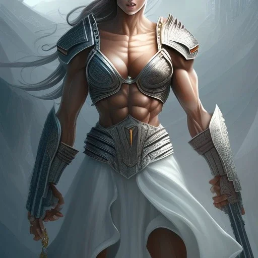 fantasy setting, giant woman, big muscles, more muscles, white dress