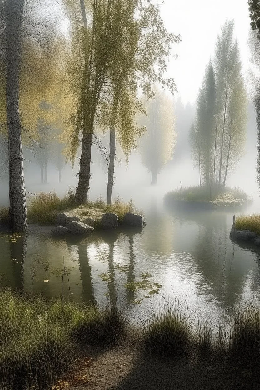 Circle pond, soft fog, with light breaking through, tall white birch trees, and a stone path flanking both sides of the pond going up to a gazebo, mystic fantasy genre